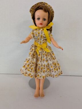 Vintage Doll in Handmade Yellow Floral Dress Hat Red Polish Finger Toes 1950